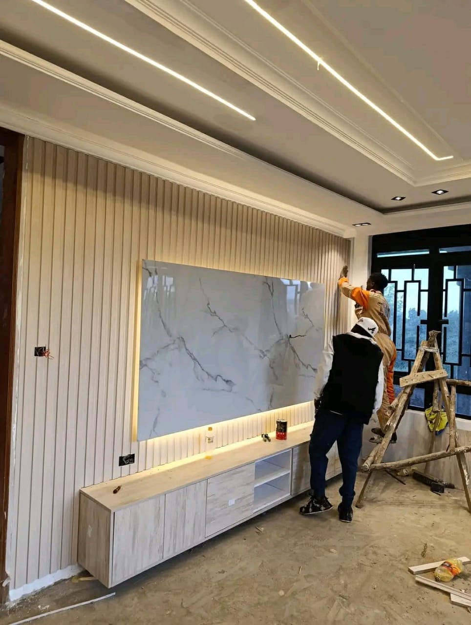 Backlit marble TV feature wall